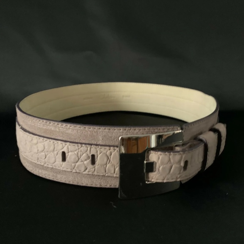 Wide gray suede Cole Haan statement belt w/big silver buckle Sz M NWOT